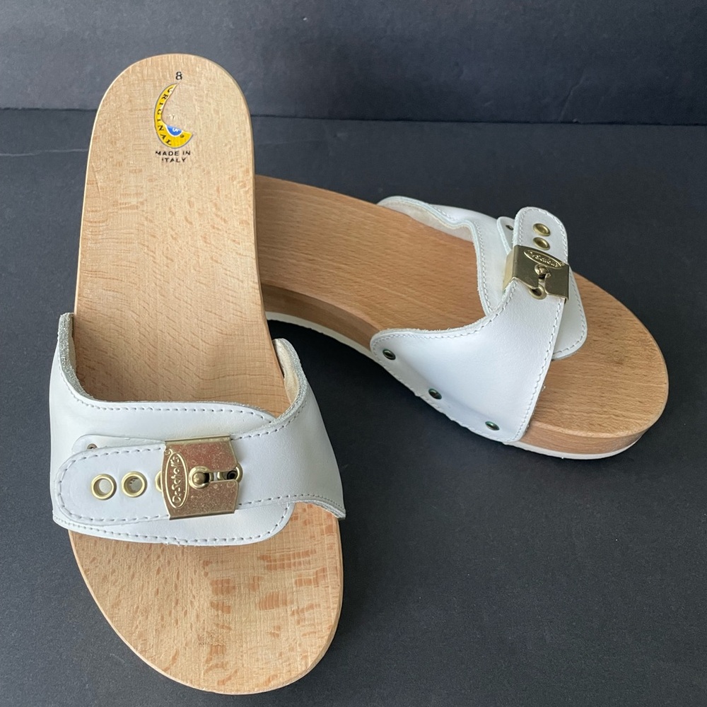 Dr Scholls Wooden Orthopedic Clogs Sandals White Gold Buckle Italy Size 8
